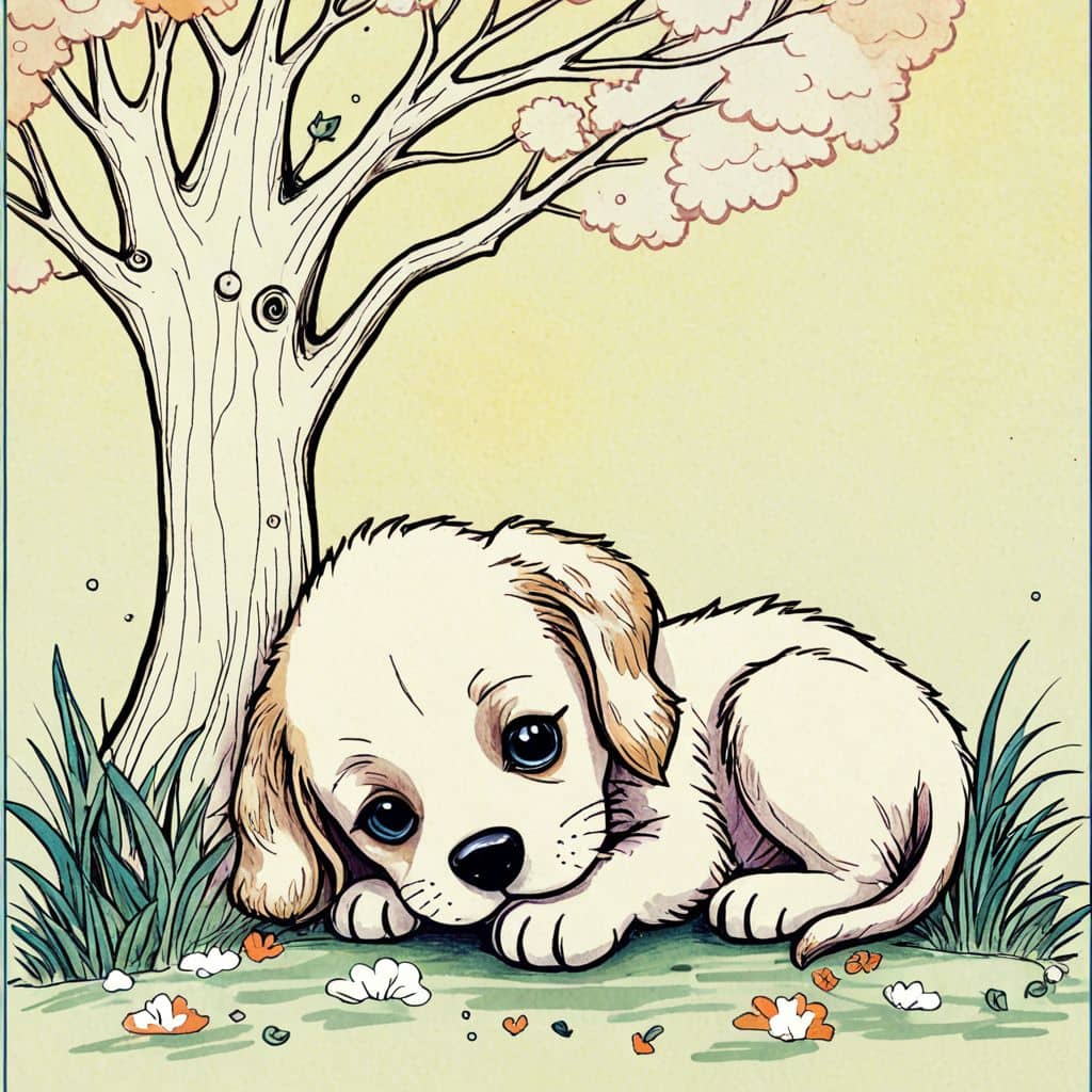 Colored Puppy napping under a tree