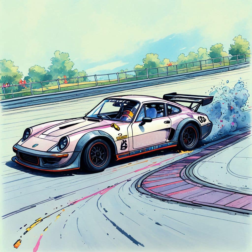 Colored Race Car skidding around a tight corner