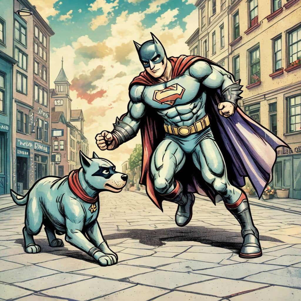 Colored Batman (from DC) playing fetch with Ace the Bat-Hound