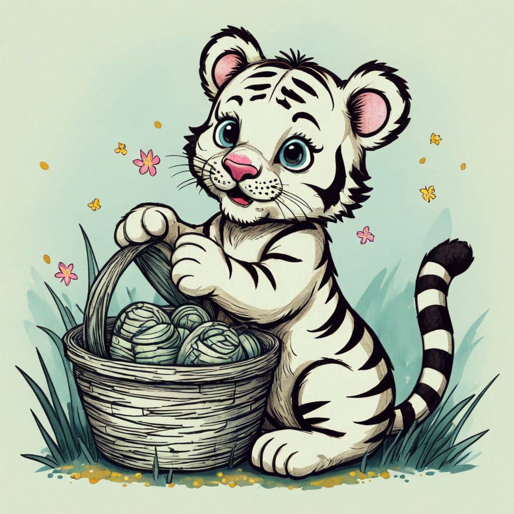 Colored Tiger with an Easter basket and colorful eggs