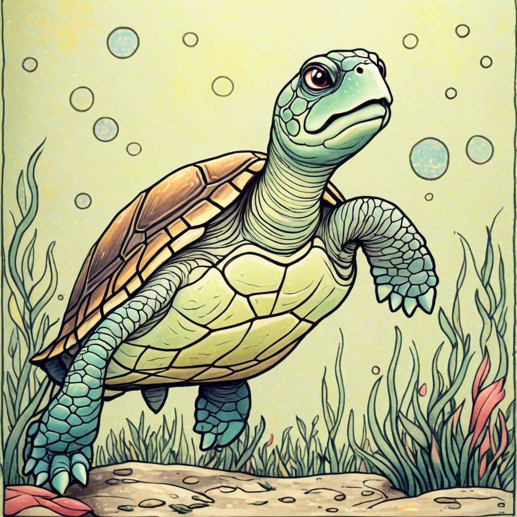 Colored Turtle and Fish blowing bubbles underwater