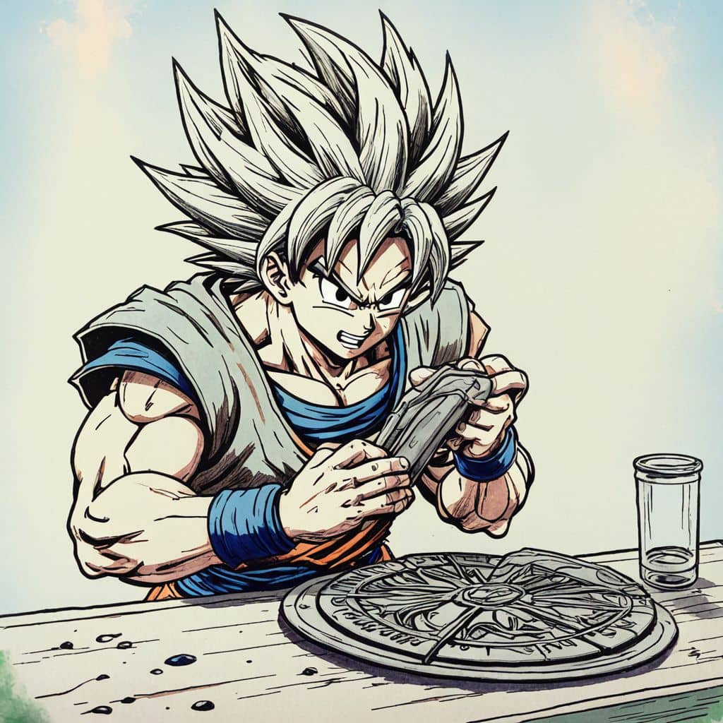 Colored Goku - the Saiyan warrior from Dragon Ball Z savoring a slice of pizza