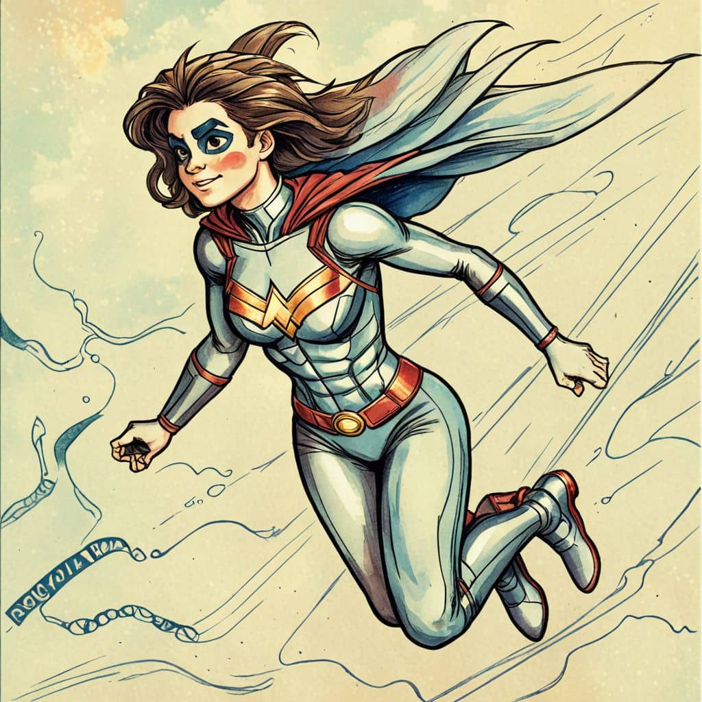 Colored Captain Marvel (from Marvel) flying with her cat Goose