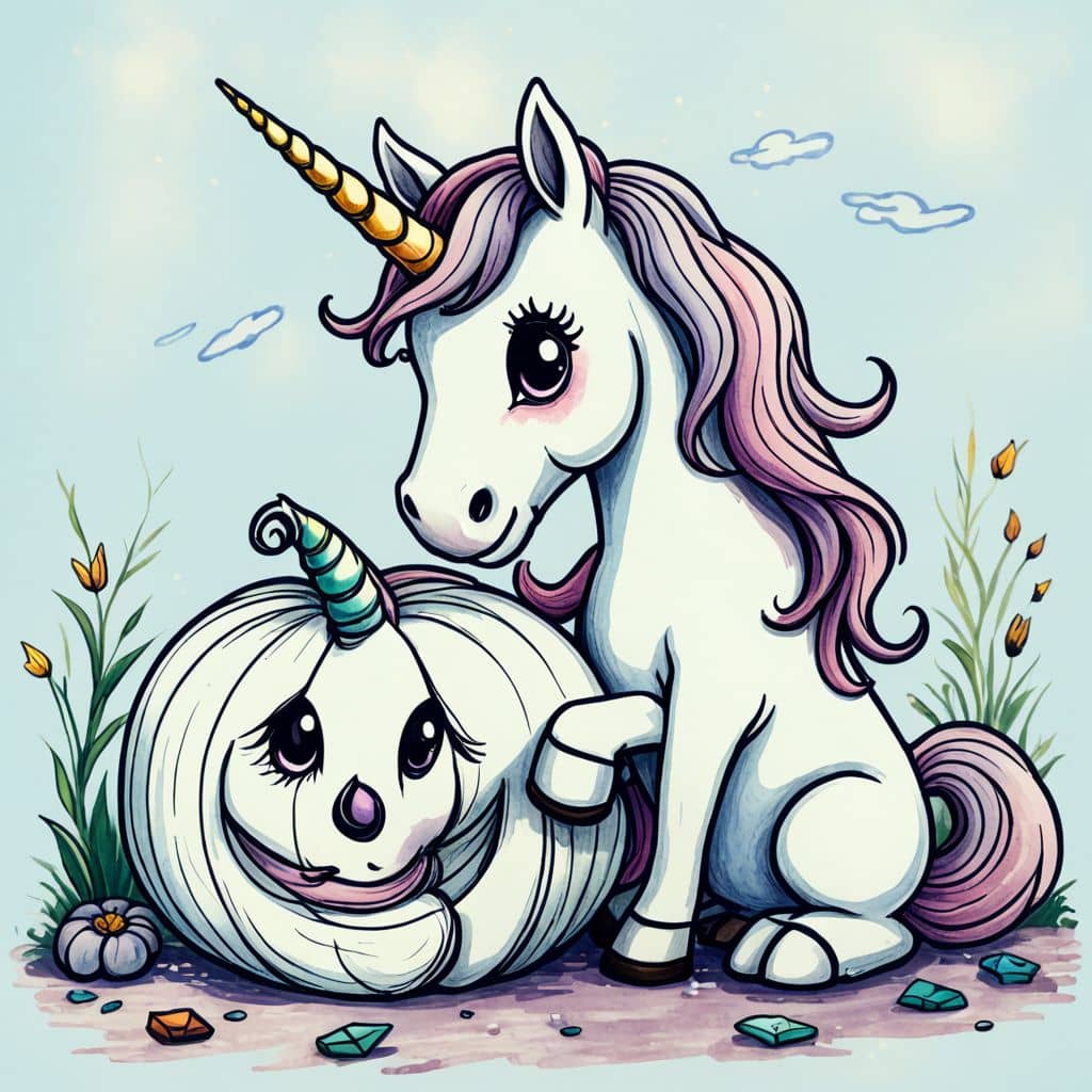 Colored Unicorn carving a pumpkin on Halloween