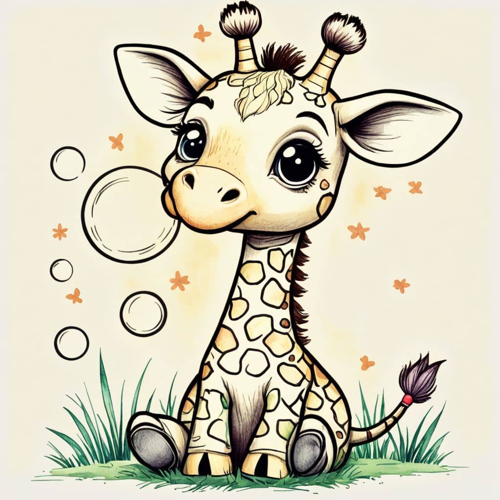 Colored Chibi Giraffe blowing bubbles