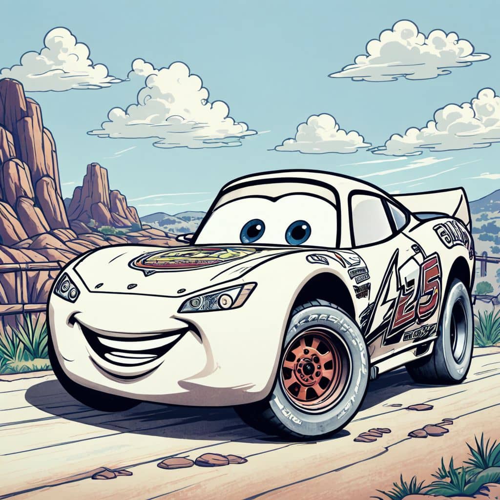 Colored Lightning McQueen from Cars parked at a scenic overlook