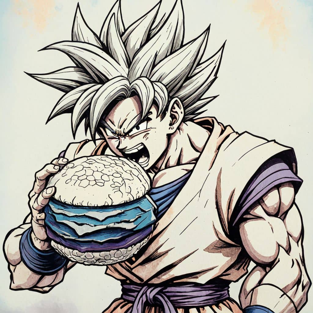 Colored Goku - the Saiyan warrior from Dragon Ball Z biting into a giant burger