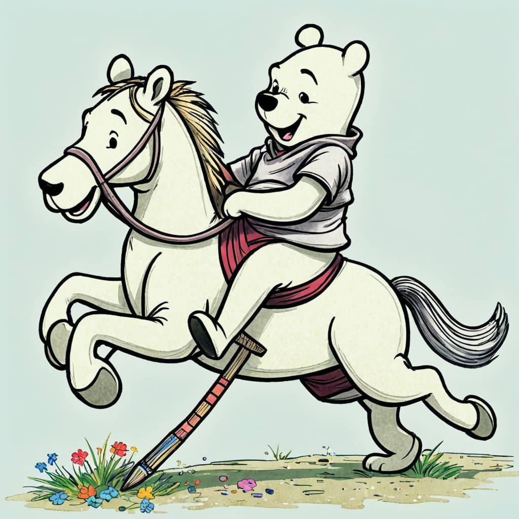 Colored Winnie The Pooh - the bear from Winnie The Pooh riding a stick horse