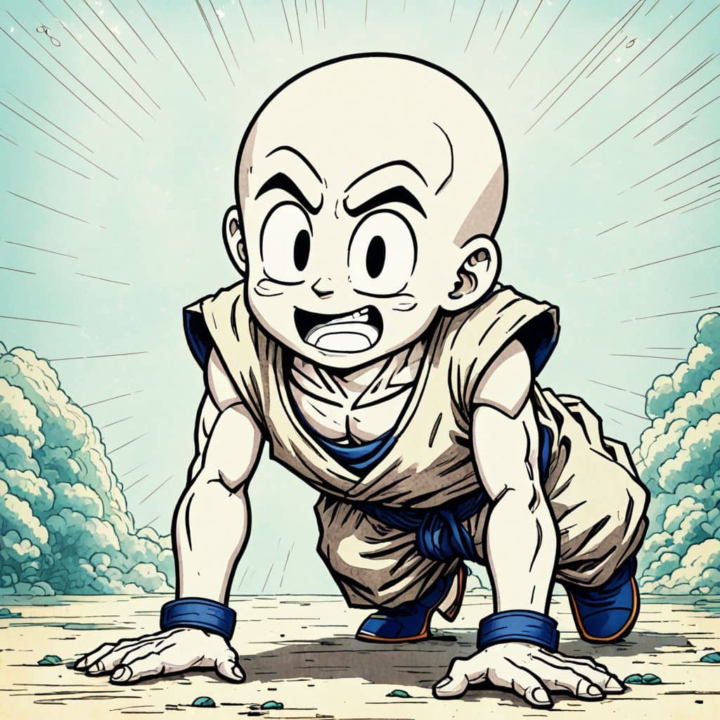 Colored Krillin - the human fighter from Dragon Ball Z doing push-ups