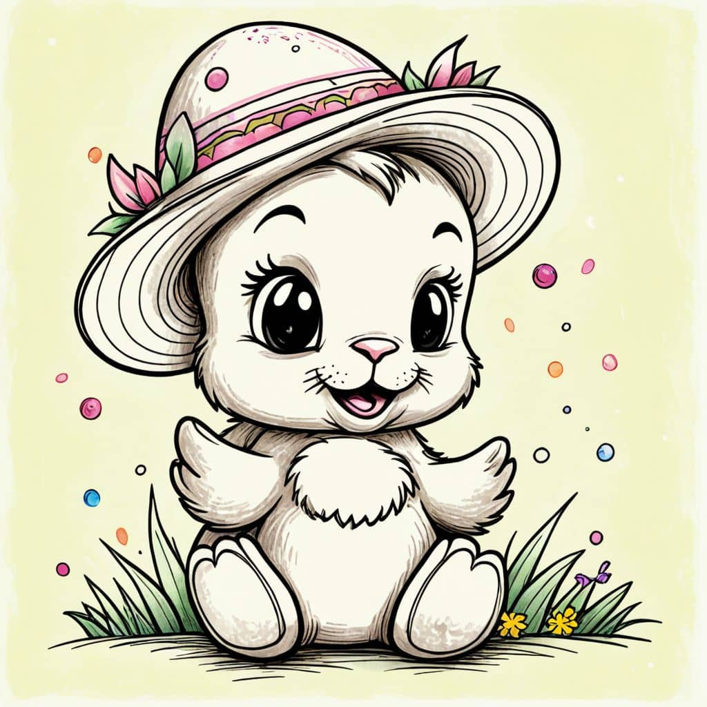 Colored Chibi duckling with a big Easter bonnet