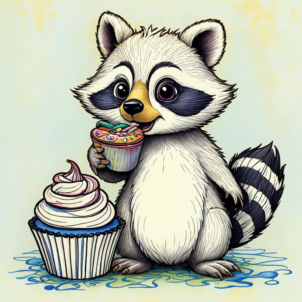 Colored Raccoon enjoying a cupcake