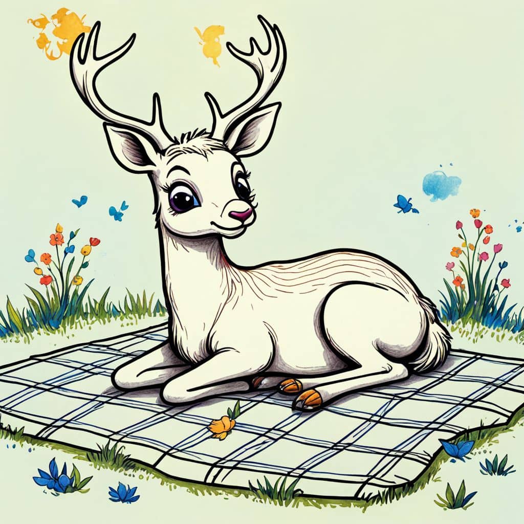 Colored Deer lying on a picnic blanket