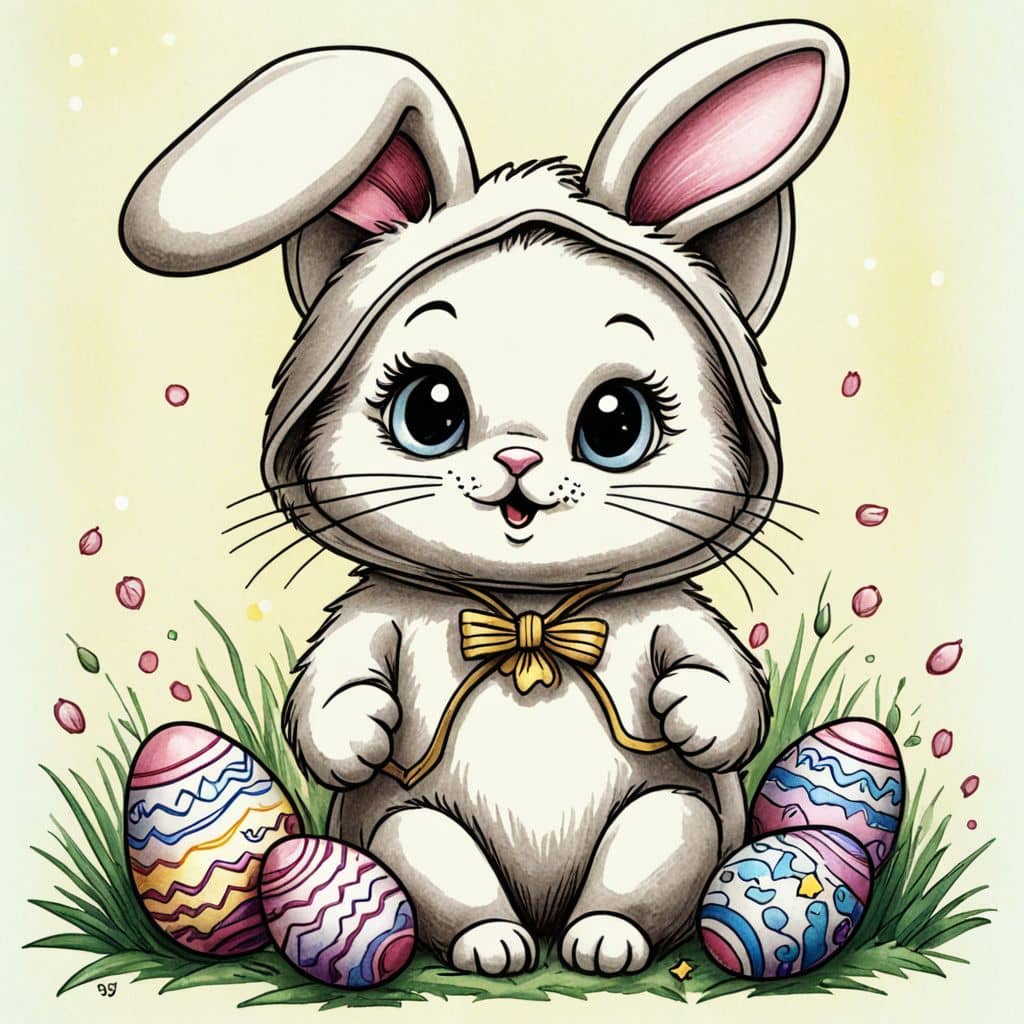 Colored Chibi cat dressed as the Easter Bunny.
