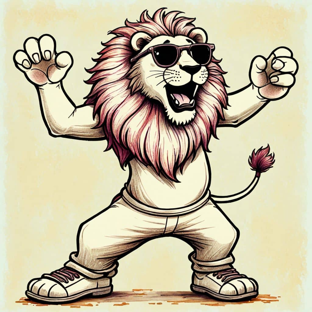 Colored Lion breakdancing with sunglasses.