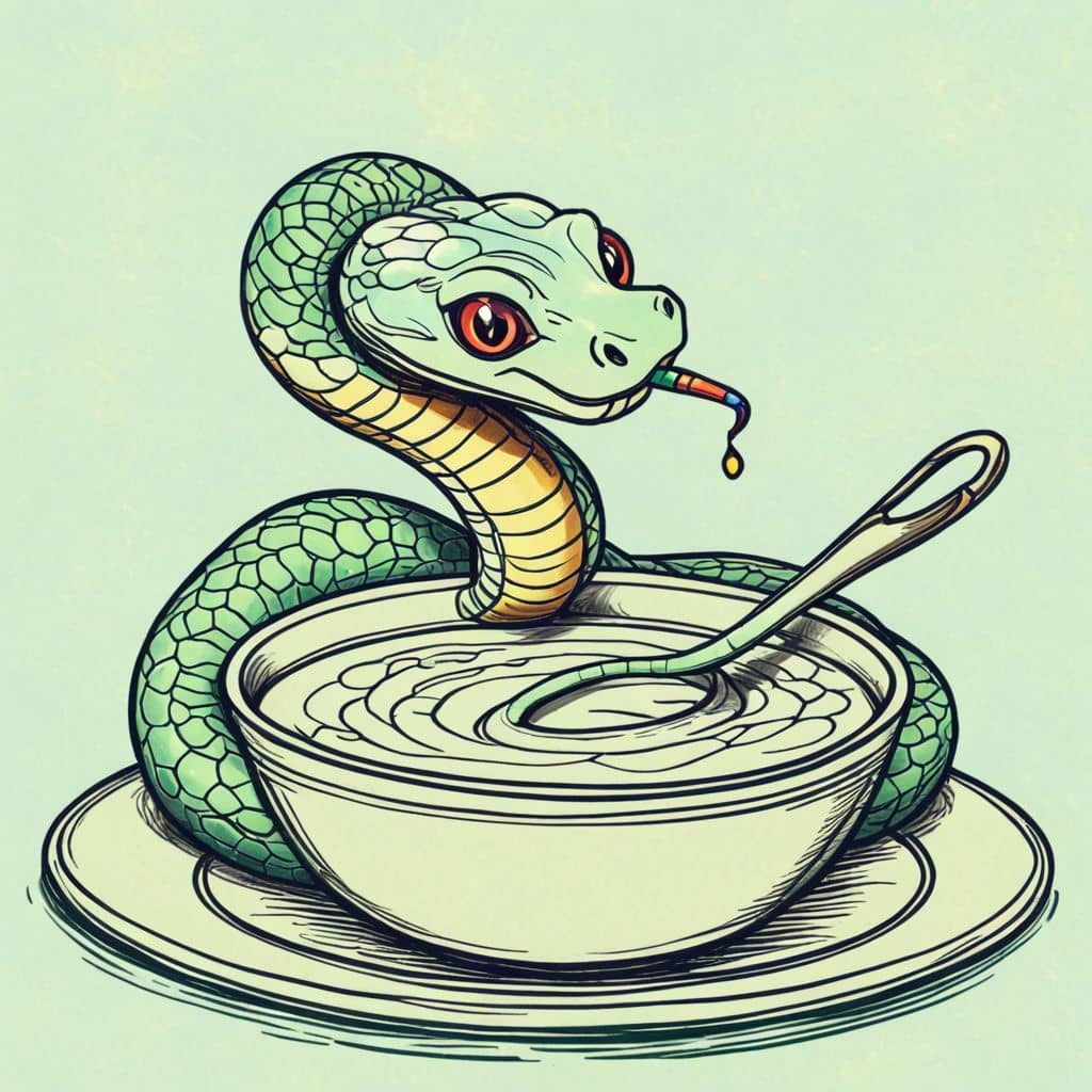 Colored Snake tasting soup with a spoon.