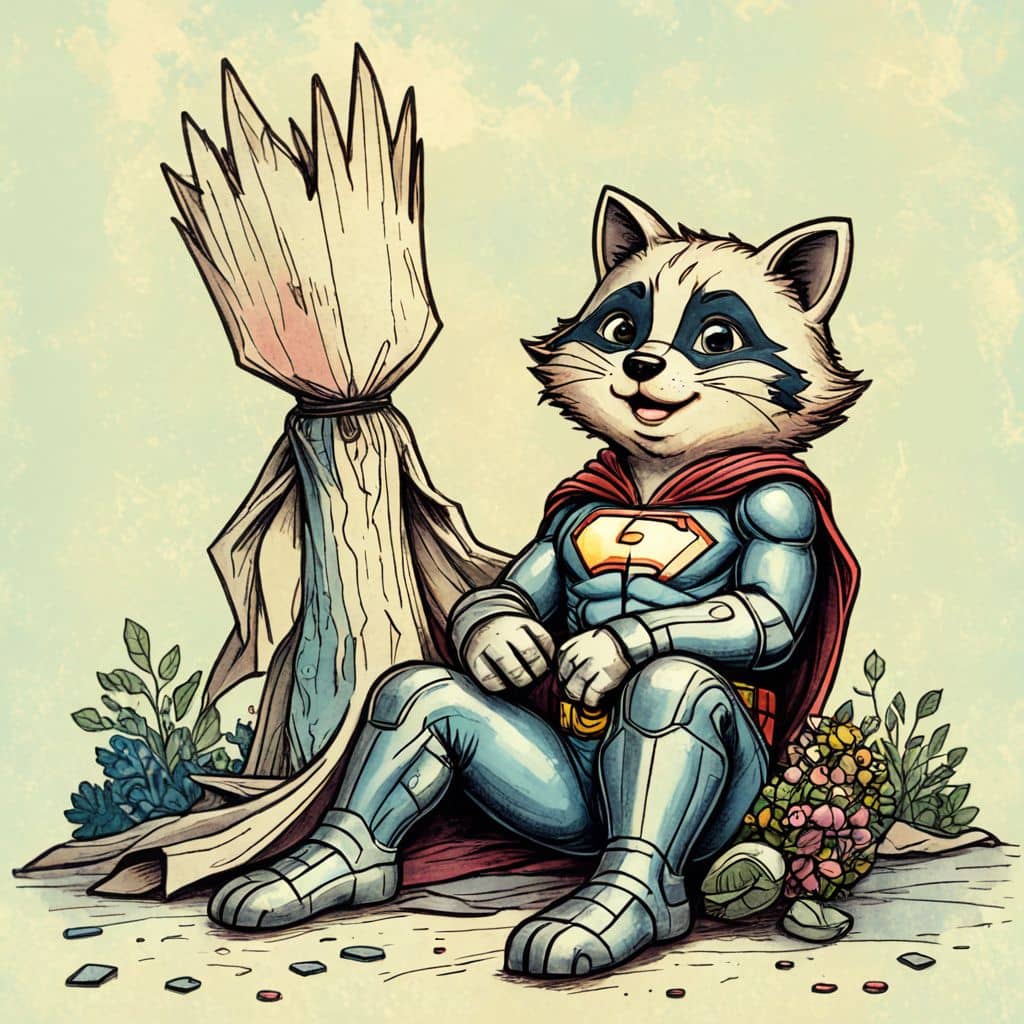 Colored Rocket Raccoon (from Marvel) sitting with his plant friend Groot