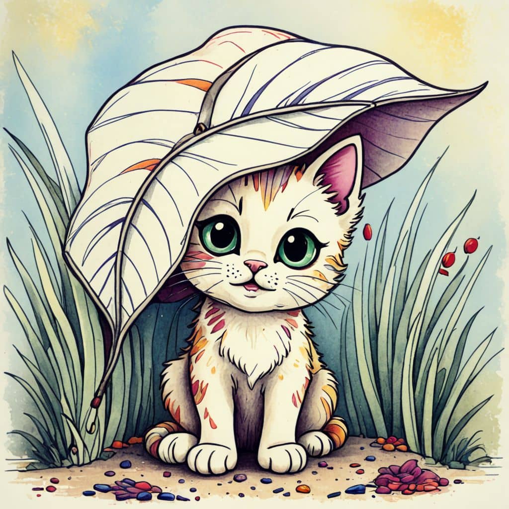 Colored Cat hiding under a big leaf.