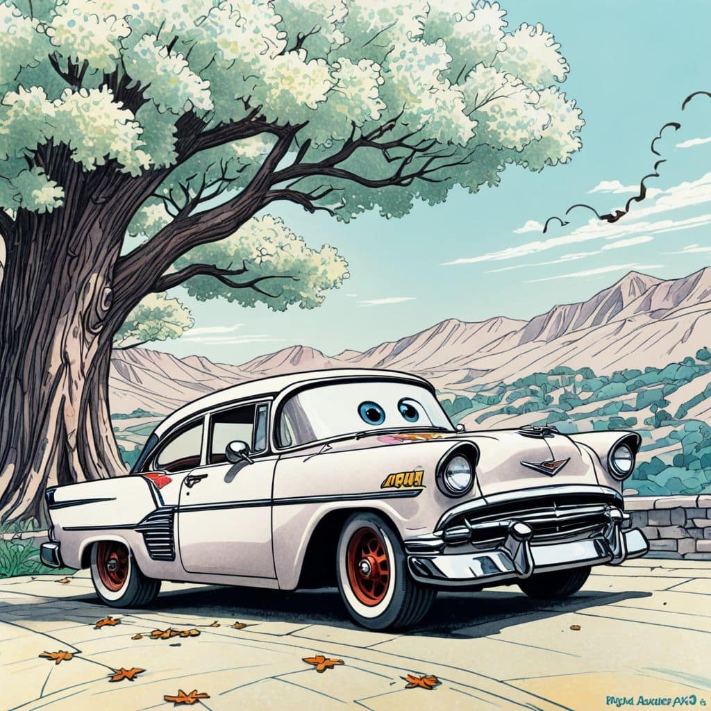 Colored Ramone - the lowrider from Disney Cars cruising on a Japanese cherry blossom road.