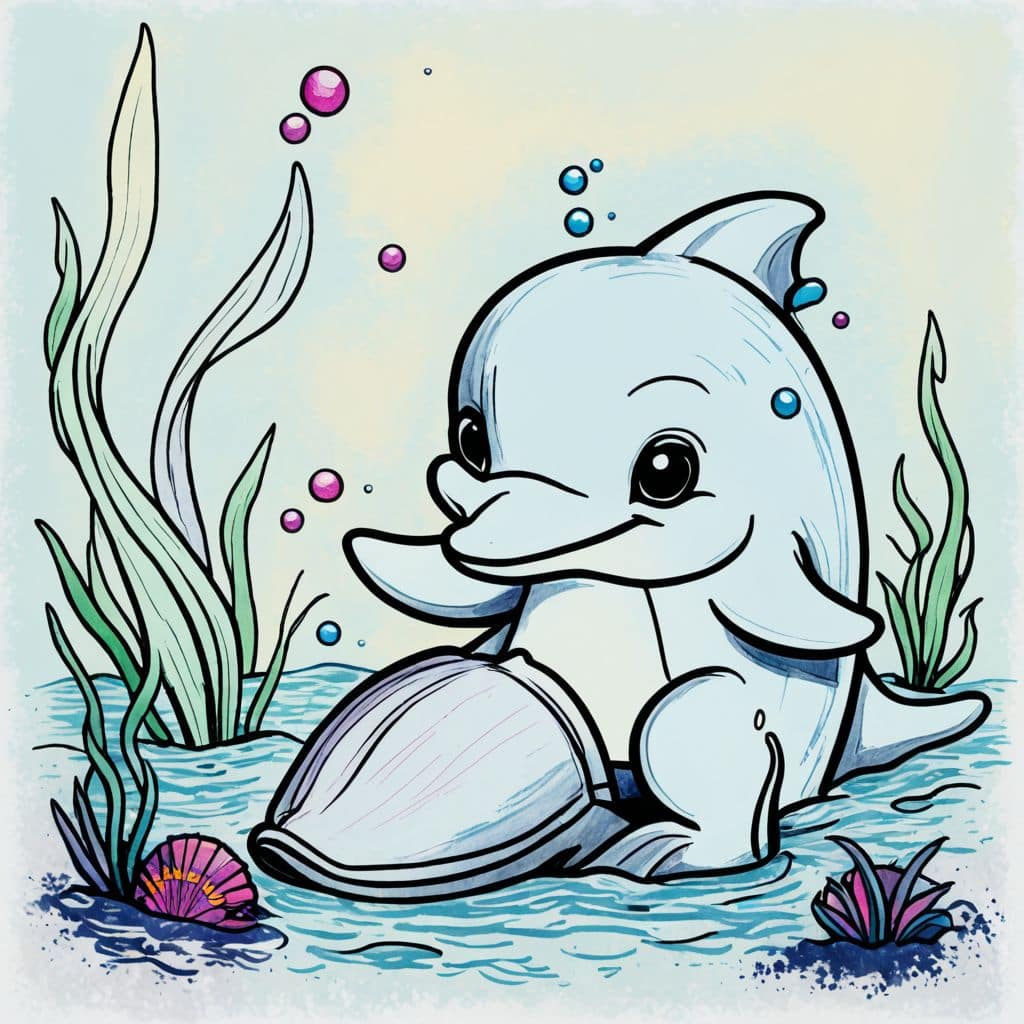 Colored Dolphin coloring a seashell.