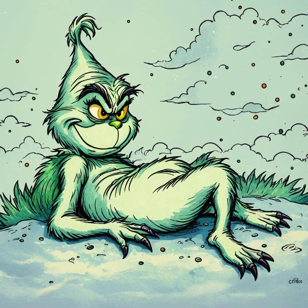 Colored Grinch - the character from How the Grinch Stole Christmas lying on the grass under clouds.