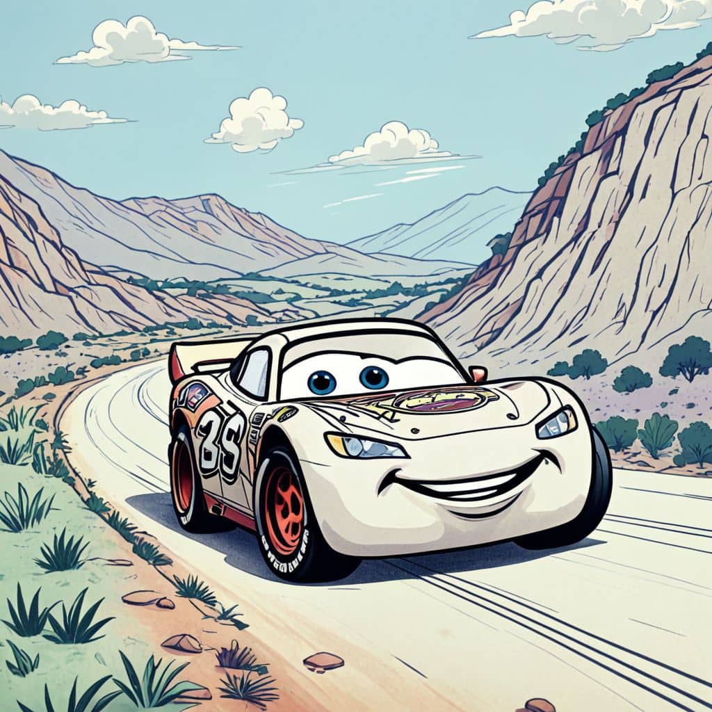 Colored Lightning McQueen from Cars exploring a winding hillside road.