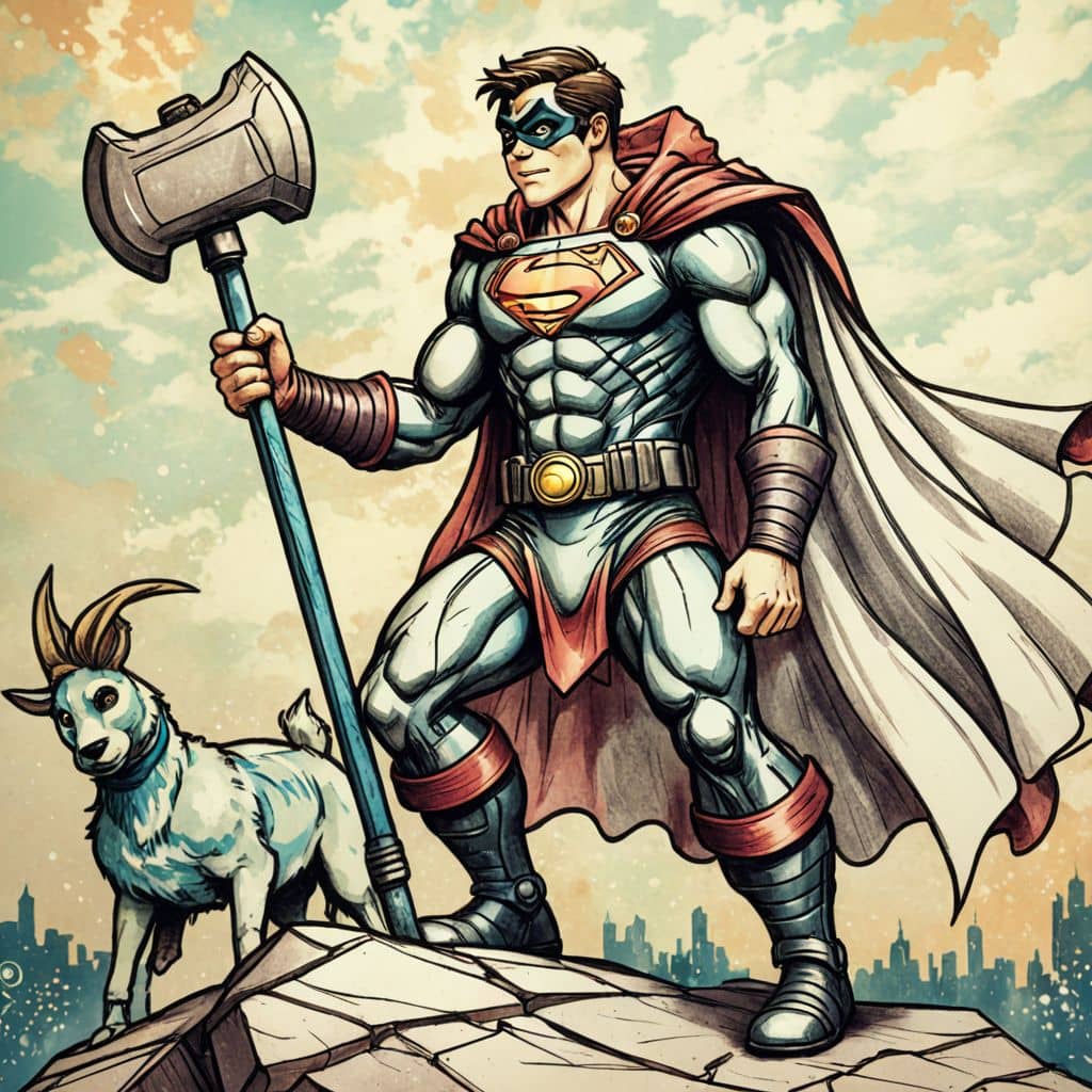 Colored Thor (from Marvel) holding Mjolnir with his goat Toothgnasher.