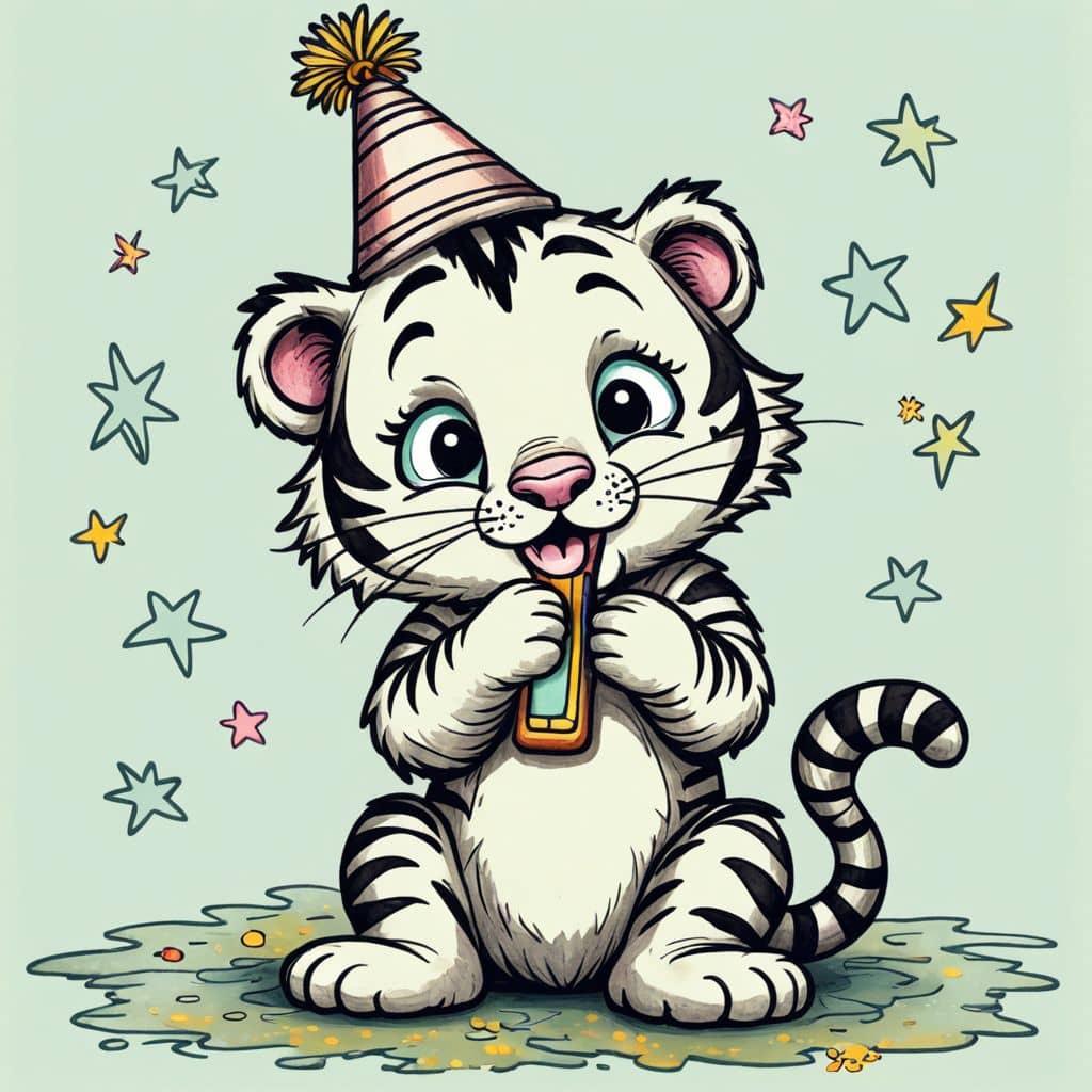 Colored Tiger wearing a party hat and blowing a noisemaker for New Year's Eve.