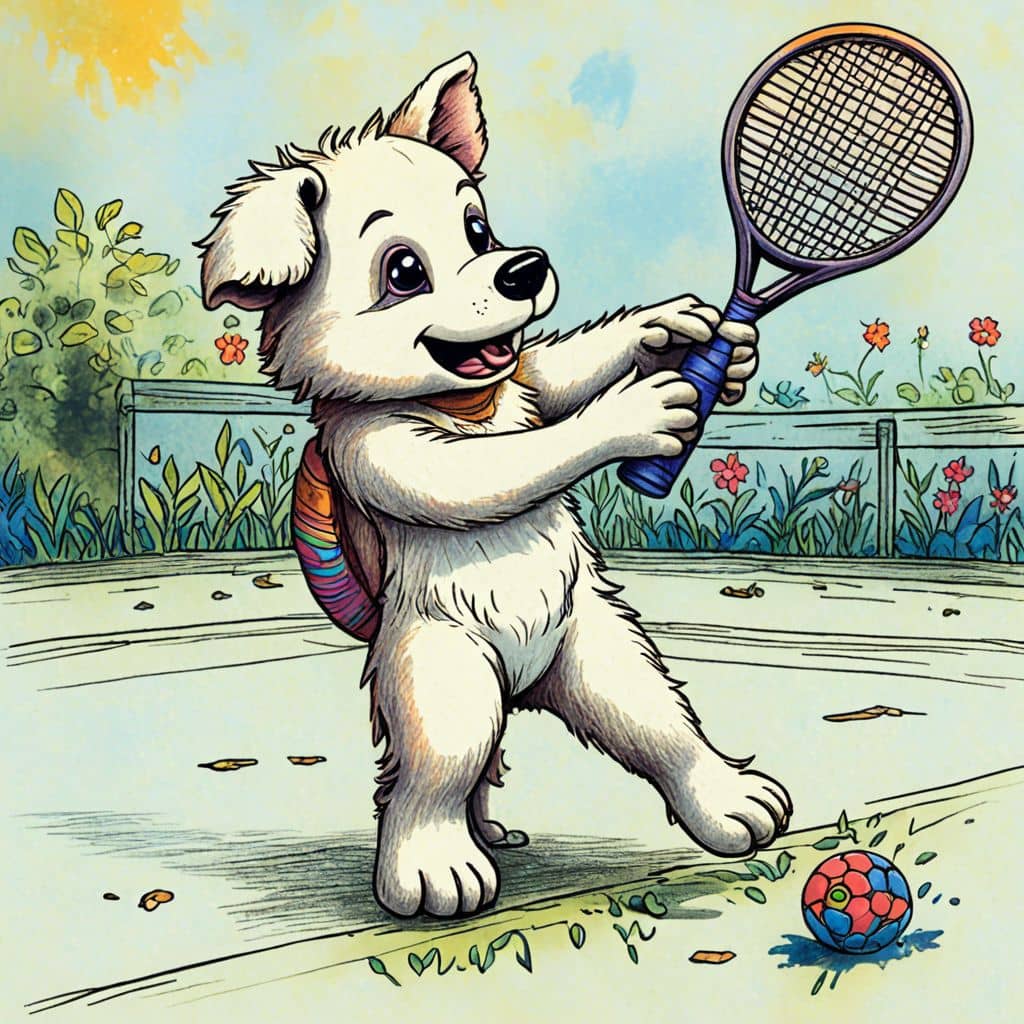 Colored Doggy playing tennis