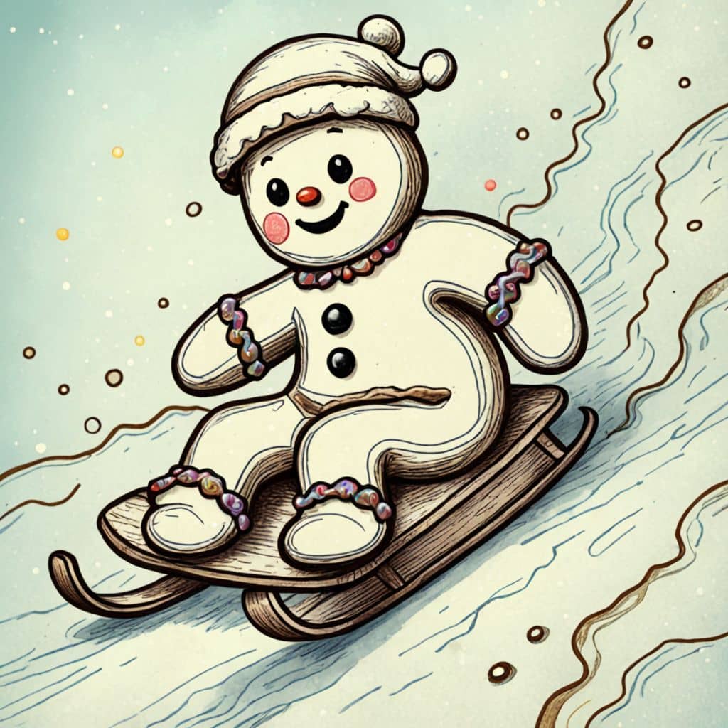 Colored Gingerbread Man sledding down a hill