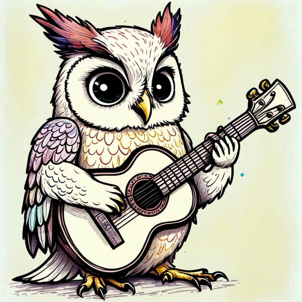 Colored Owl playing a guitar
