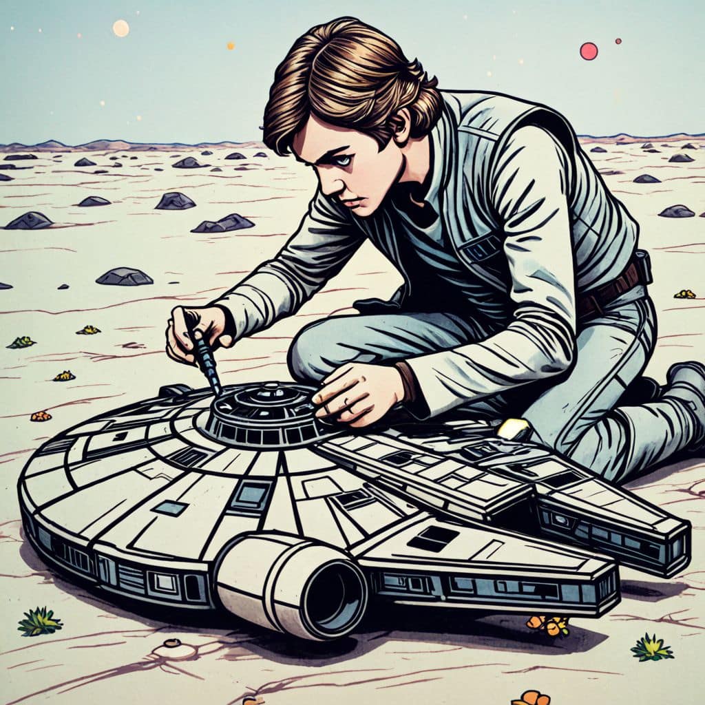 Colored Han Solo fixing the Millennium Falcon