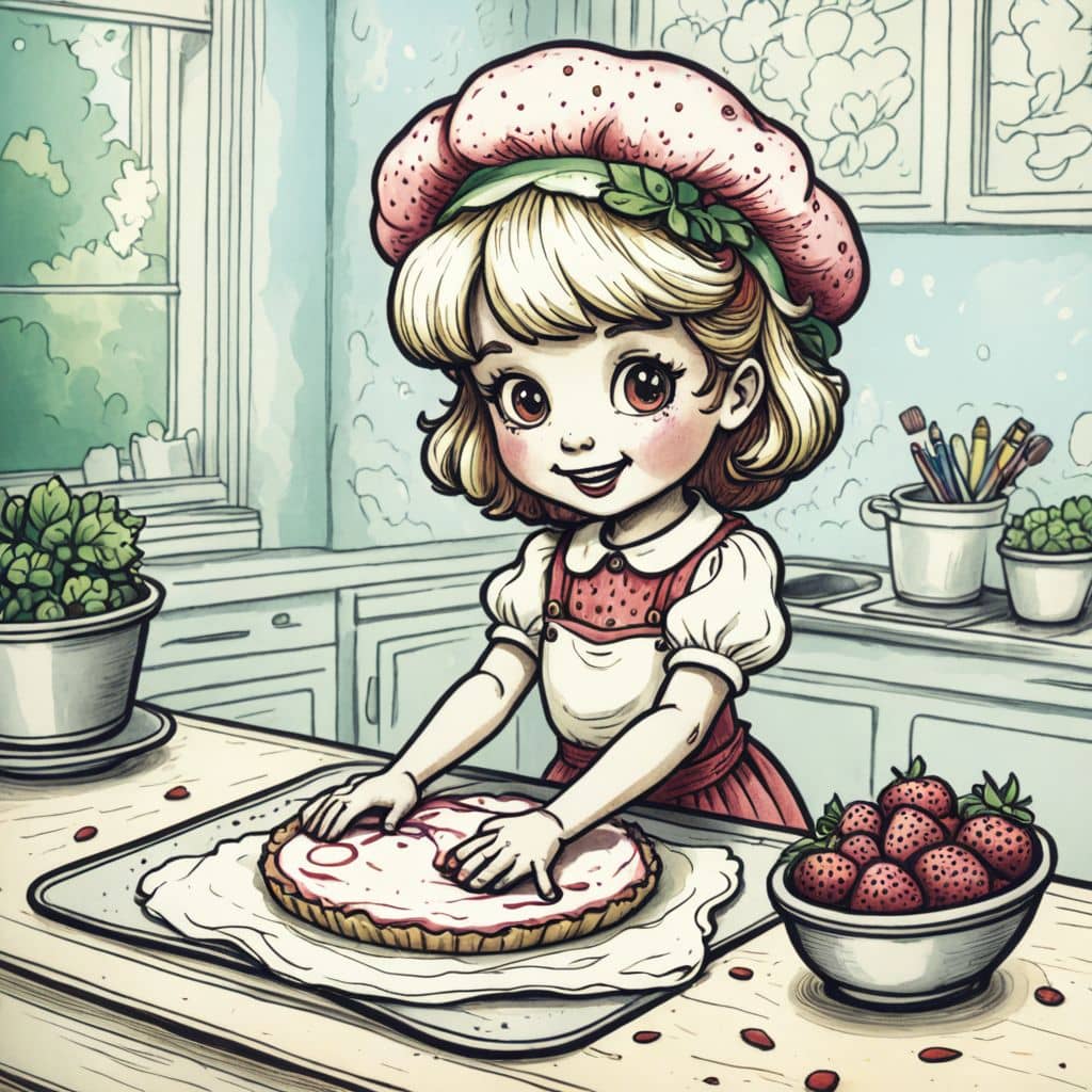 Colored Strawberry Shortcake - the character from the cartoon rolling out dough for pie crust
