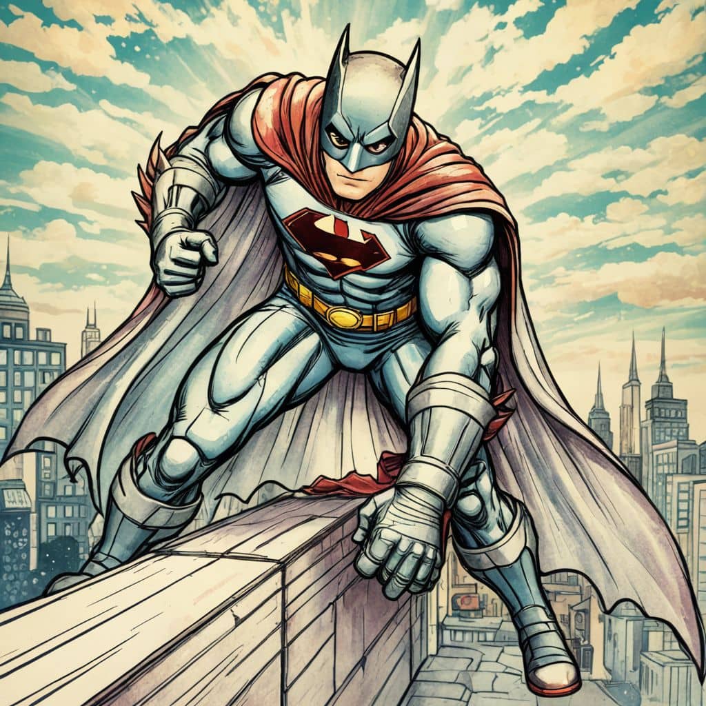Colored Batman - from DC Comics grappling onto a rooftop