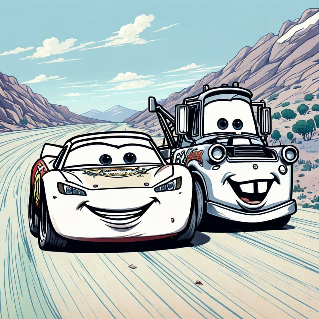 Colored Lightning McQueen from Cars racing alongside Mater