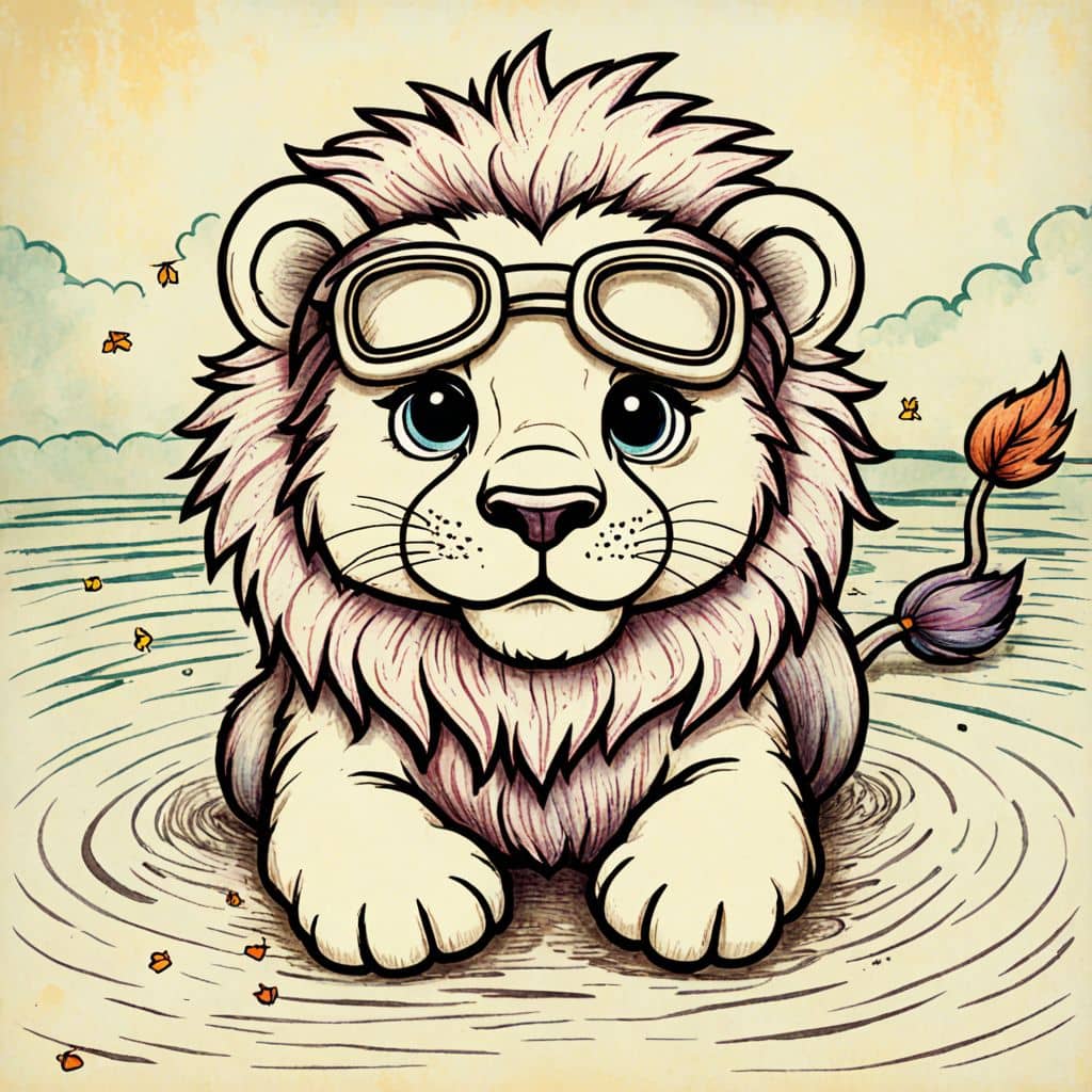 Colored Lion swimming in a pool with goggles