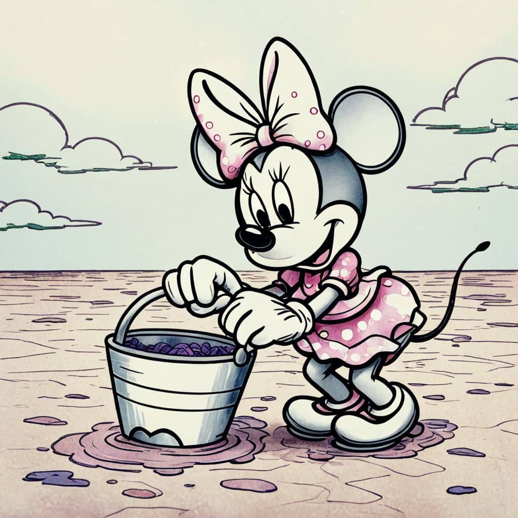 Colored Minnie Mouse from Disney playing with a beach bucket