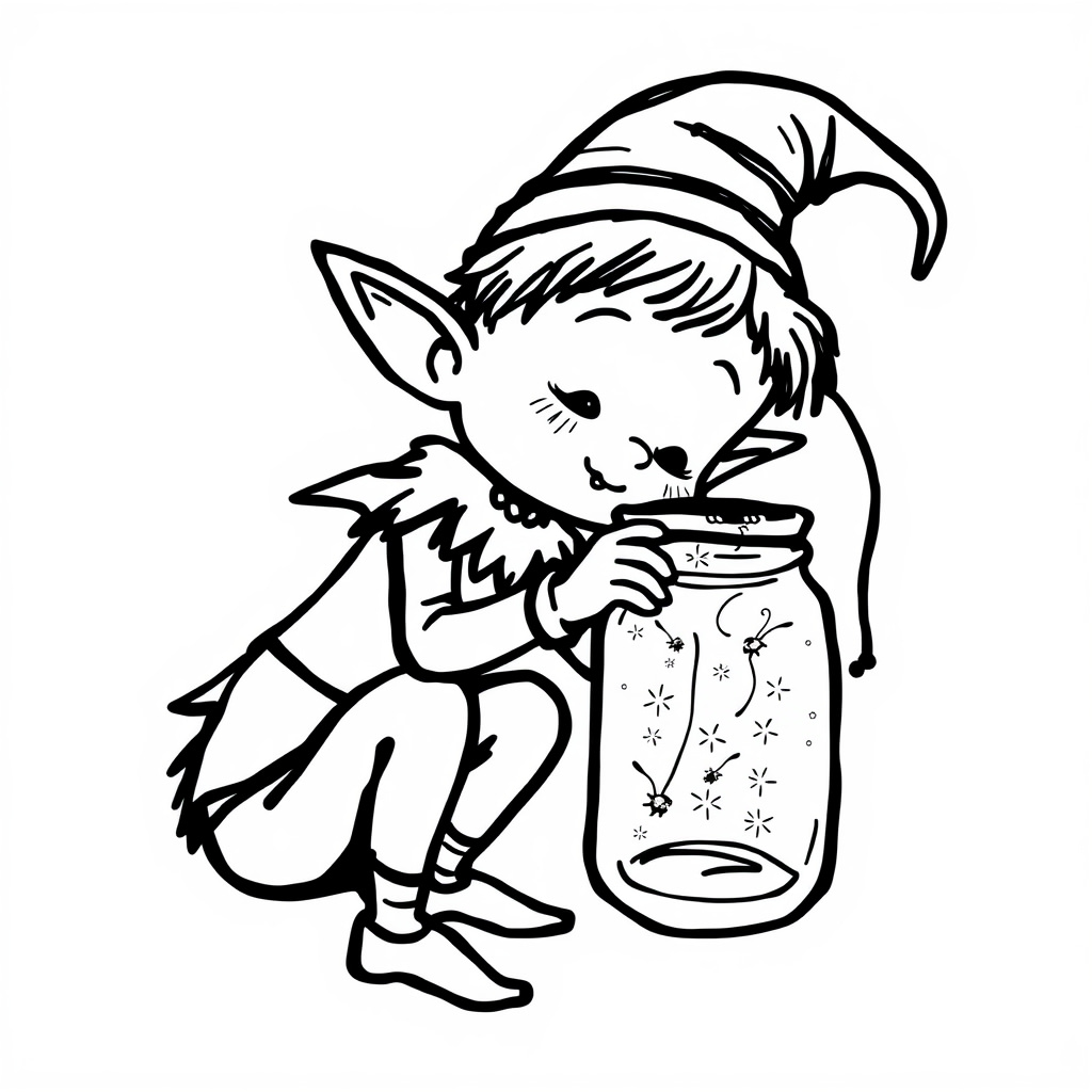 Elf catching fireflies in jar.