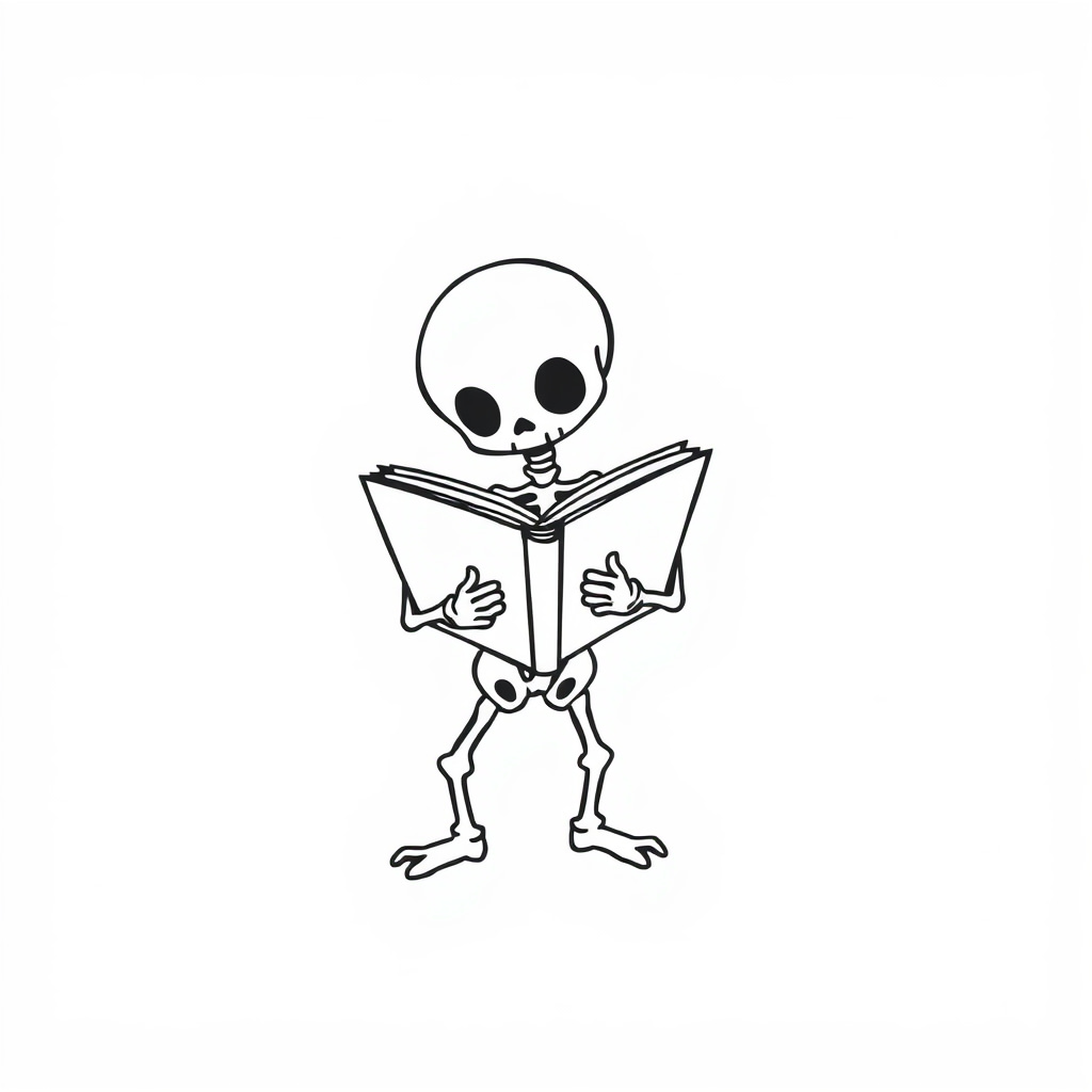 Skeleton reading a book.