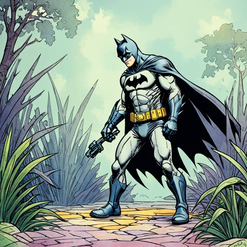 Colored Batman - the superhero from DC Comics watering plants