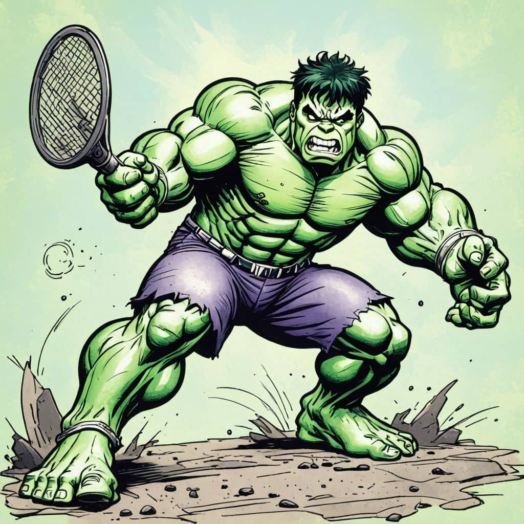 Colored Hulk - the superhero from Marvel Comics hitting a tennis ball with a racket.