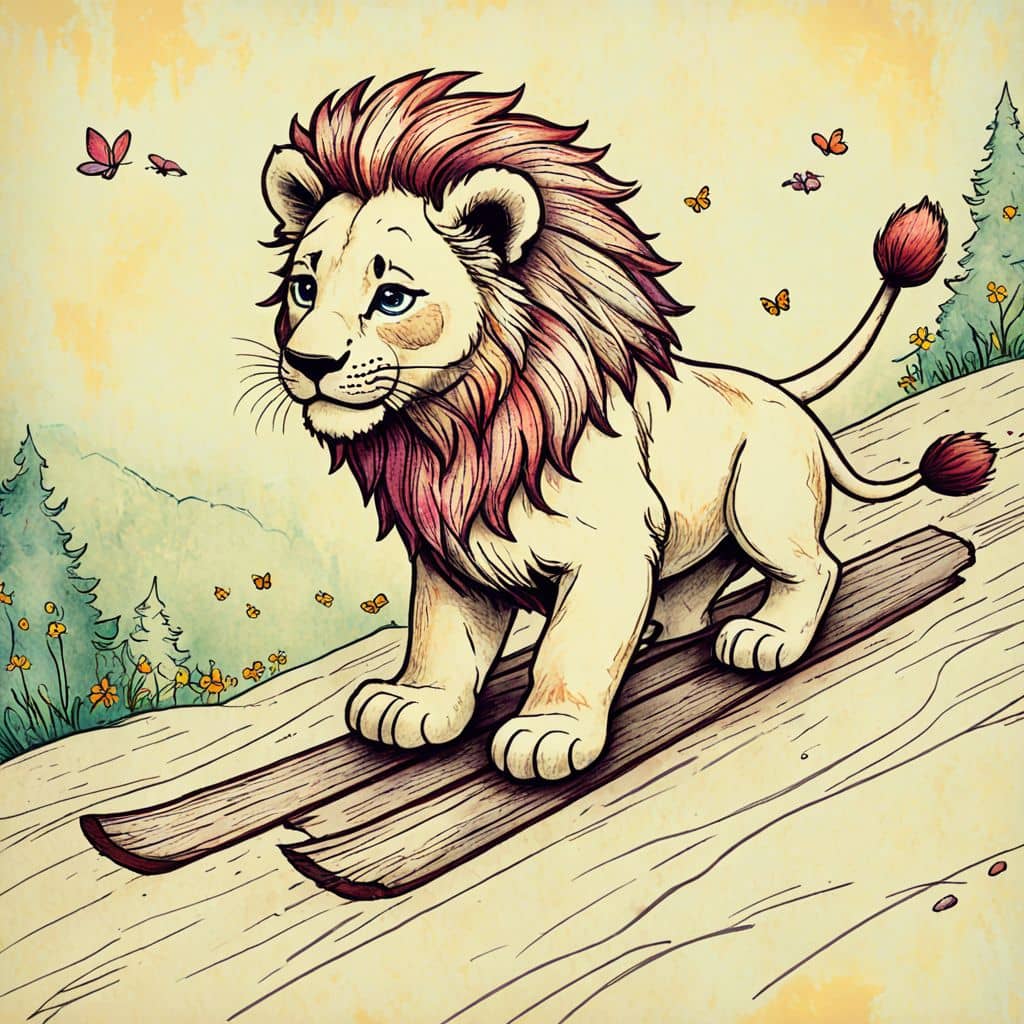 Colored Lion skiing down a snowy hill.