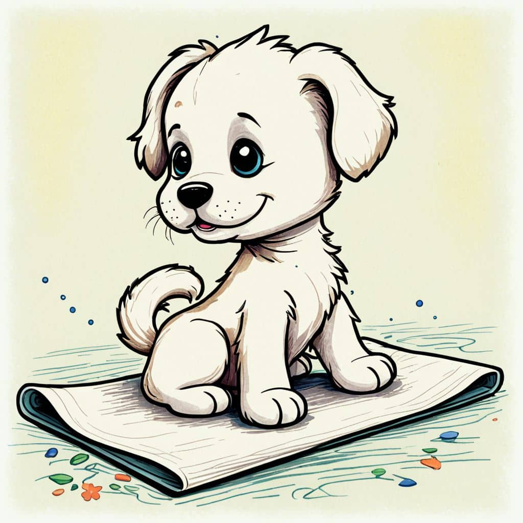 Colored Puppy practicing yoga with mat and stretching.