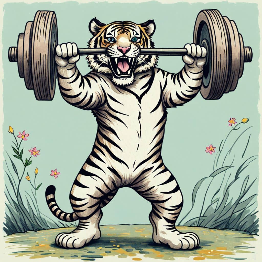 Colored Tiger lifting weights.