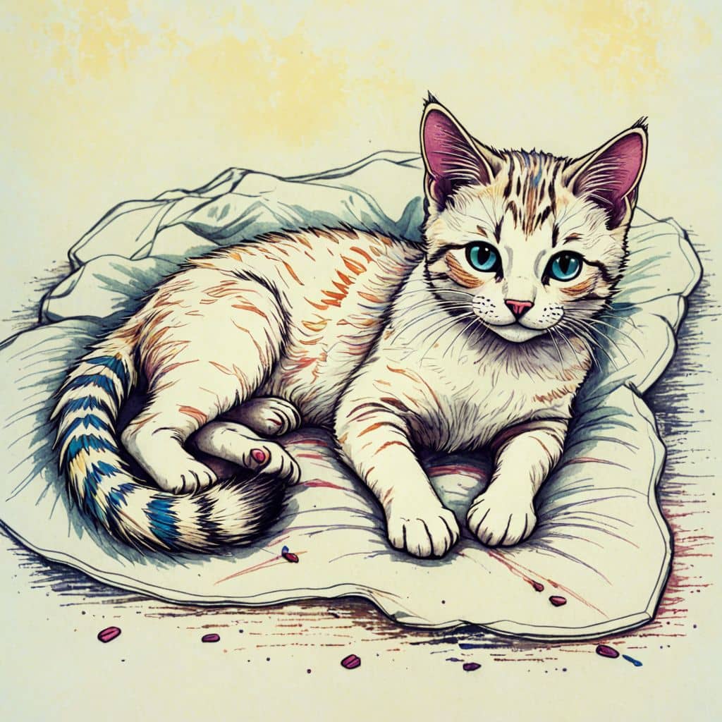 Colored Cat lying on a cozy blanket.