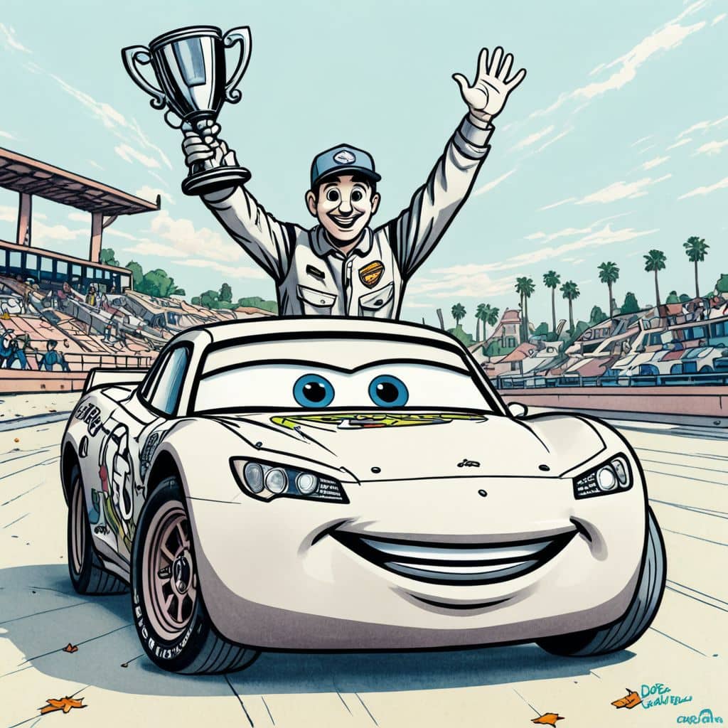 Colored Cruz Ramirez from Cars celebrating a win with a trophy.