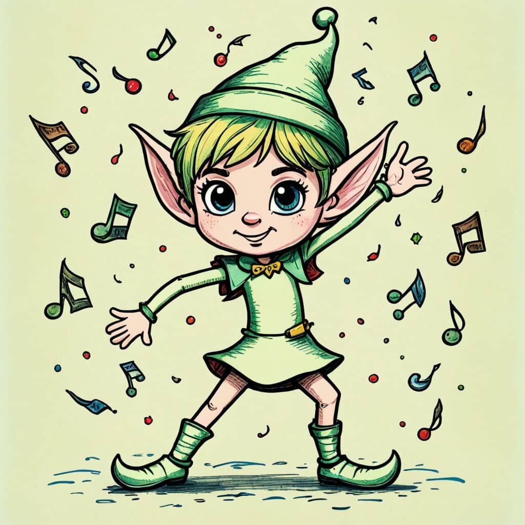 Colored Elf cartoon character dancing surrounded by music notes.