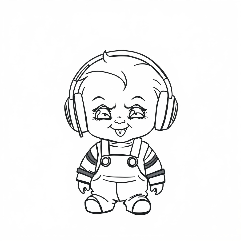 Chucky with oversized headphones