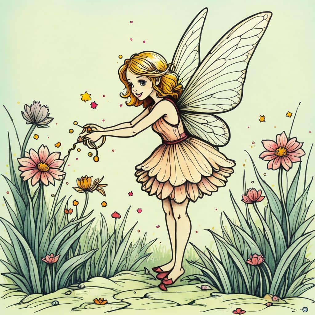 Colored Fairy watering flowers