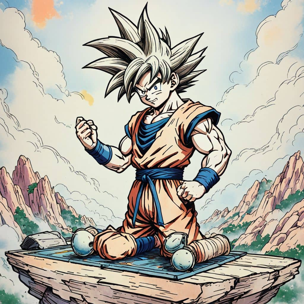 Colored Goku - the Saiyan from Dragon Ball Z grilling vegetables