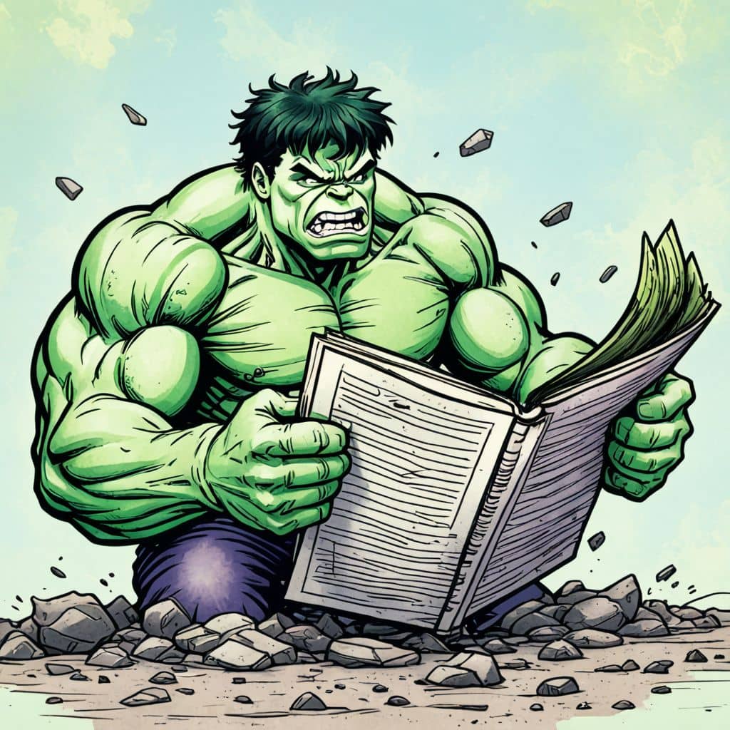 Colored Hulk - the superhero from Marvel Comics reading a newspaper